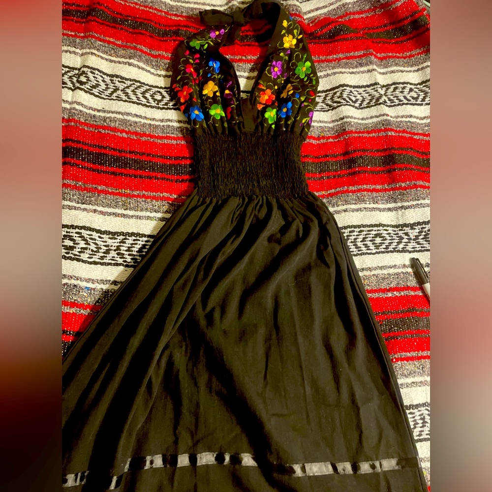 Black cotton Mexican embroidered halter dress. Small